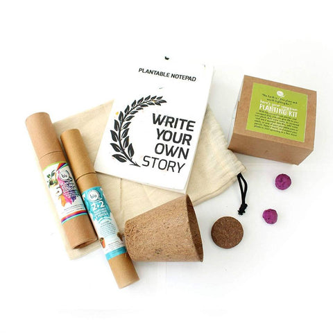 Eco Friendly Cotton Bag with Premium Plantable Stationery | 1 Notepad + 2 Paper Pens + 2 Pencils + 5 Coloured Eco Pencils + Coco Planting Kit